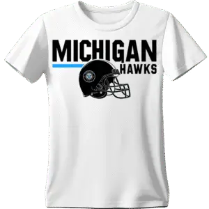 White t-shirt featuring Michigan Hawks football helmet