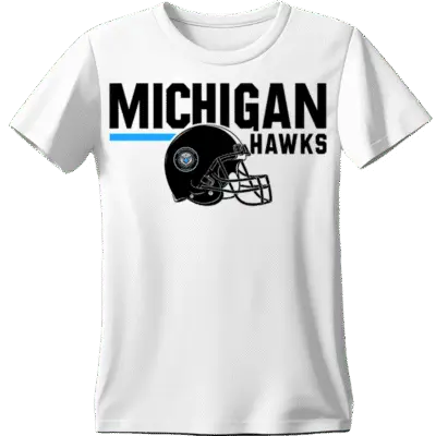 White t-shirt featuring Michigan Hawks football helmet
