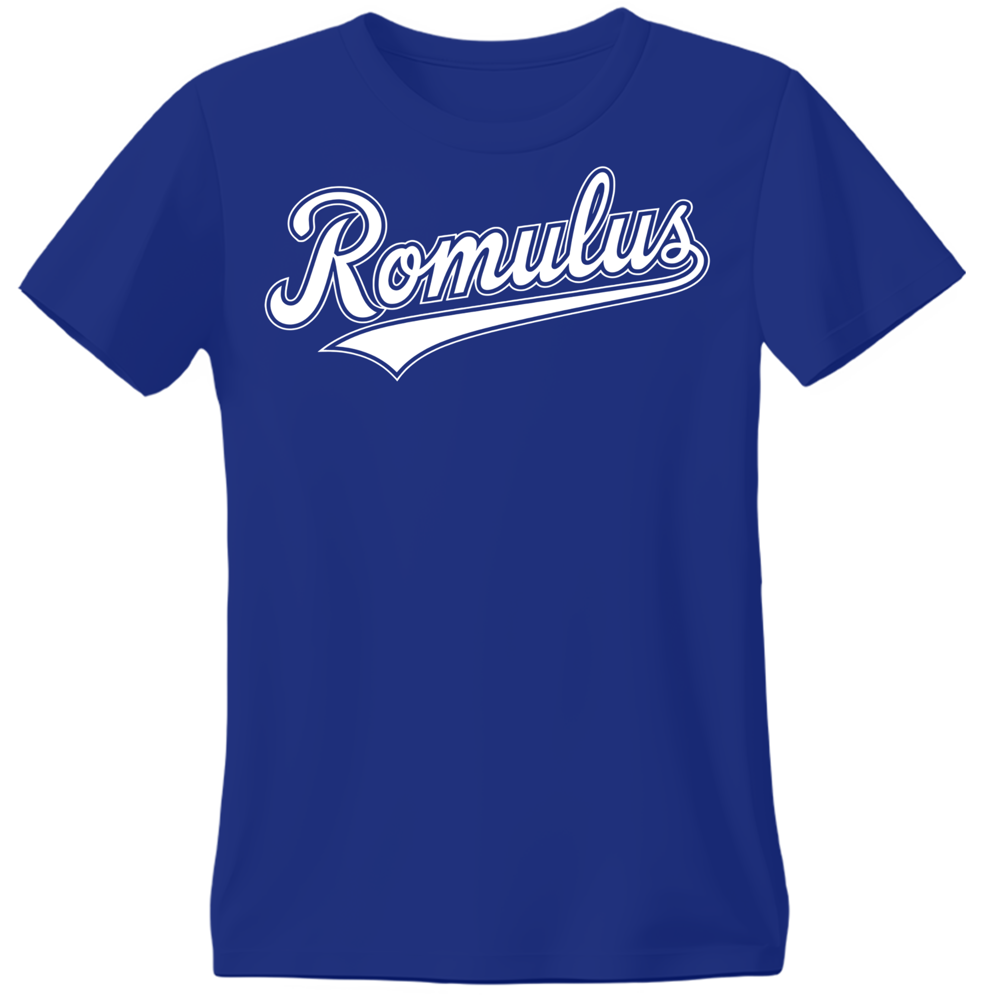 Blue T-shirt with Romulus printed in white